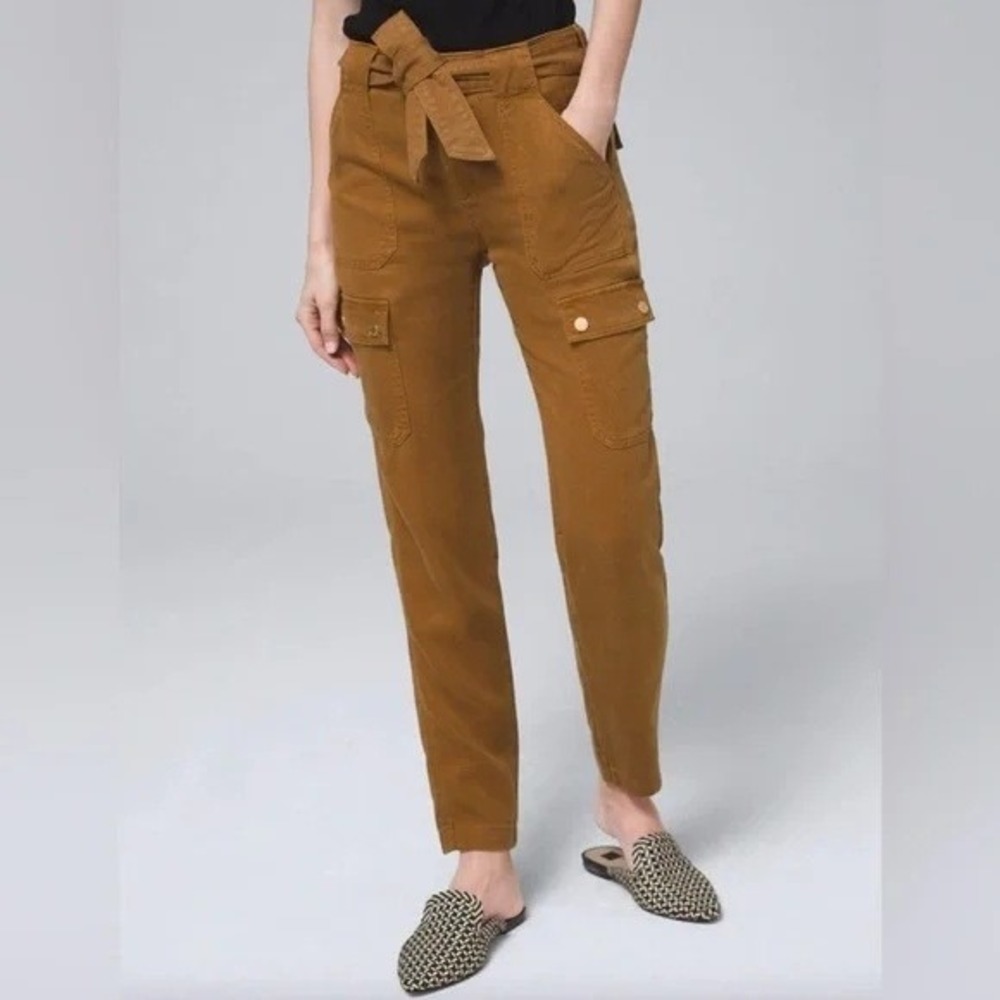 White House Black Market Straight Leg Cargo Pants High Rise Belted Brown Tan 10